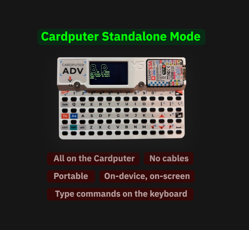 A Cardputer running the ESP32 Bus pirate in standalone mode